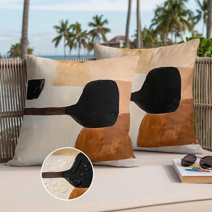 Beige Black Outdoor Waterproof Throw Pillow Covers Set of 2, 16"x16", Brown Abstract Art Graffiti Color Block Modern Decorative Pillow Covers Outside Cushion Case for Patio Porch Garden