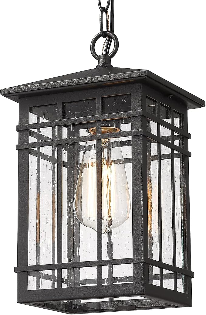 Outdoor Pendant Lighting, Exterior Pendant Lantern, Farmhouse Porch Hanging Lantern Lights with Seeded Glass in Black Finish, Outdoor Pendant Lamp for Front Porch, Entryway, Patio, Gazebo