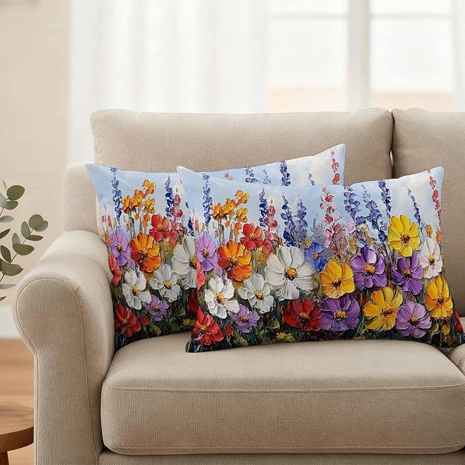 Vintage Wildflowers Waterproof Outdoor Pillow Covers Set of 2 Home Decor, Rustic Oil Painted Abstract Botanical Pillowcase Patio Pillow Covers for Couch Bench Furniture Garden 20x12in