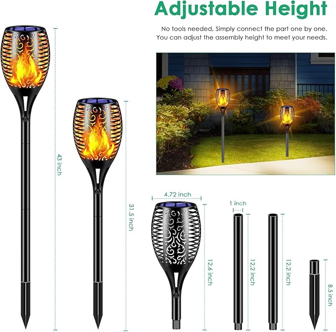 TomCare Flickering Flame Solar Torch Lights Outdoor, 43" Tall, 6 Pack | Realistic 99-LED Flame Effect, Charges in 6-8 Hours, 10-12-Hour Runtime, IP65 Waterproof, Auto On/Off for Yard, Patio, Garden