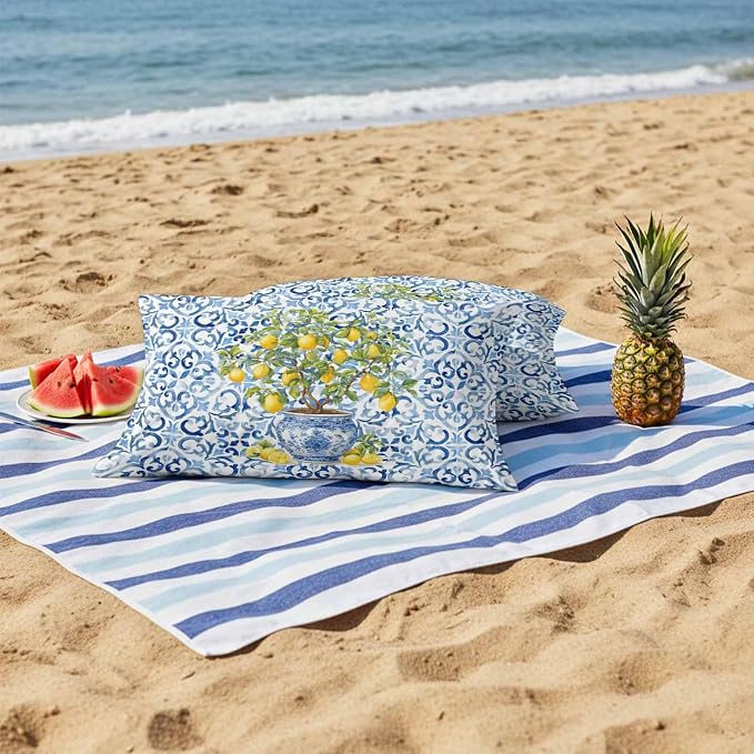 Summer Lemons Outdoor Pillow Covers 20x12 Inch Lumbar Pillow Covers Set of 2 Waterproof Decorative Throw Pillow Cases Blue Boho Floral Farmhouse Botanical Cushion Covers for Patio Furniture Garden
