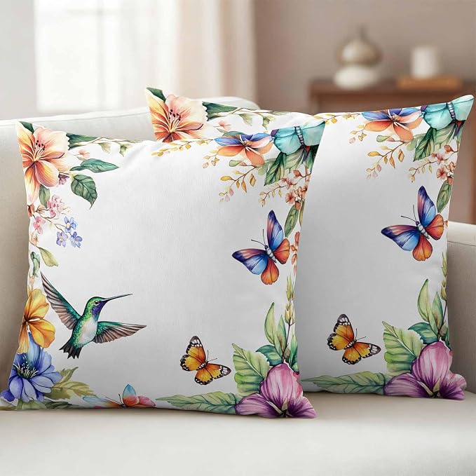 Spring Flowers Bird Outdoor Waterproof Throw Pillow Covers Set of 2, 20"x20", Hummingbird Butterfly Rustic Decorative Pillow Covers Outside Cushion Case for Patio Porch Garden