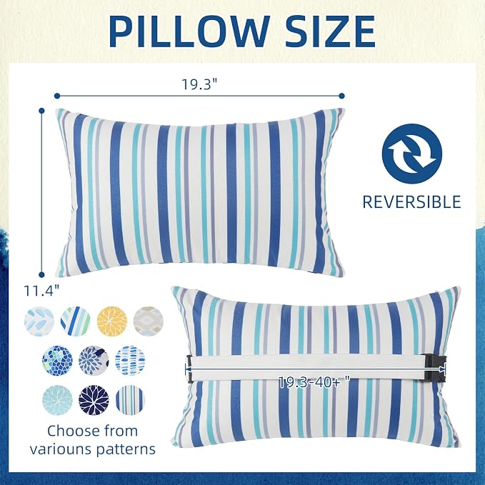 Chaise Head Rest Pillows Set of 2, Outdoor Lounge Pillow Lumbar Pillows with Insert and Adjustable Elastic Strap Decorative Pillows for Patio Beach Pool Chair, Blue White Stripe