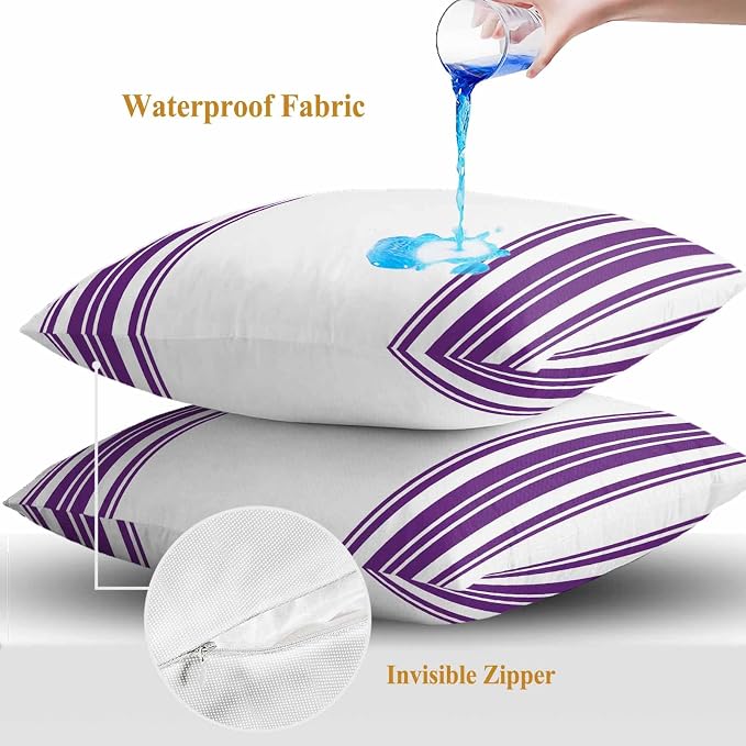Outdoor Waterproof Throw Pillow Covers Set of 2 Purple Stripes Pillowcases 16x16 Inches White Vertical Striped Decorative Pillows Cushion Case Patio Pillows for Couch Bed Chair Garden