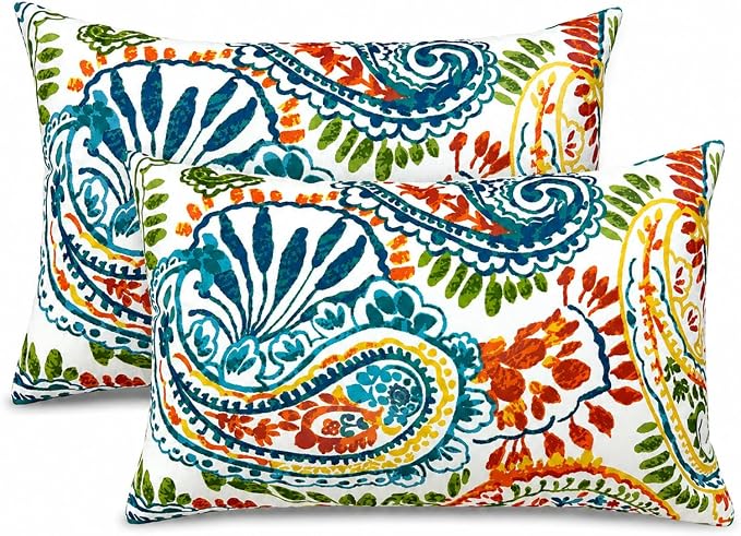 Outdoor Patio Lumbar Pillows Pack of 2, 12"x20" | Fade Resistant Outdoor Waterproof Lumbar Pillow with Inners Decorative Garden Lumbar Cushions for Home Patio Terrace Sofa