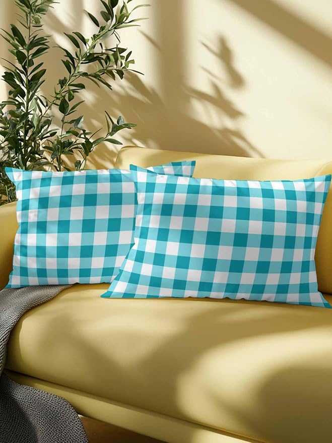 Waterproof Outdoor Pillow 1 Pack Turquoise Buffalo Plaid Decorative Throw Pillows Cover & Insert 20x12 Inch Lumbar Pillowcase Check Lines Pillows for Couch Sofa Bed Patio Furniture Indoor Outdoor