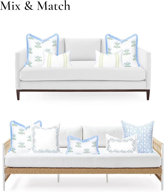 Hofdeco Premium Grandmillennial Coastal Hampton Patio Indoor Outdoor Throw Pillow Cover Only, 20"x20" Water Repellent for Backyard, Couch, Poolside, Baby Blue Green Print Hydrangea Flowers