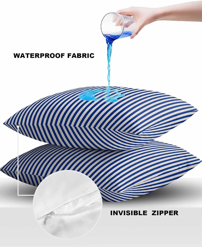 Outdoor Waterproof Throw Pillow Covers Set of 2 Navy Blue Stripes Pillowcases 20x20 Inches Linen Classic Vertical Striped Patio Decorative Pillows Cushion Case Patio Pillows for Couch Bed Chair Garden