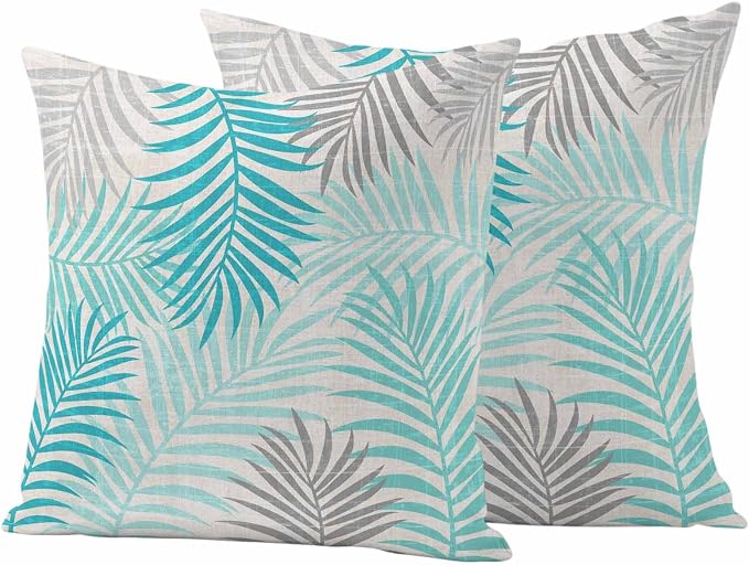 Outdoor Waterproof Throw Pillow Covers, Teal Grey Palm Leaves Decorative Pillow Cases, Summer Botanical Tropical Leaf Couch Pillow Protector Patio Sofa Cushion Covers Replacement 16"x16" 2 Pack