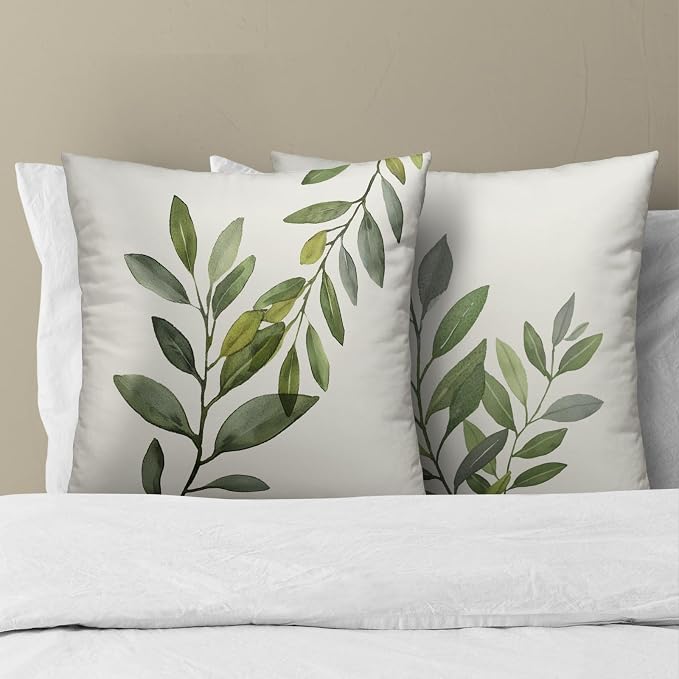 Sage Green Leaves Pillow Covers 22x22 Inch Set of 2, Grey Rustic Plants Leaf Cotton Square Decorative Throw Pillowcases for Bed Sofa Couch Porch Farmhouse Cottage Home Decor