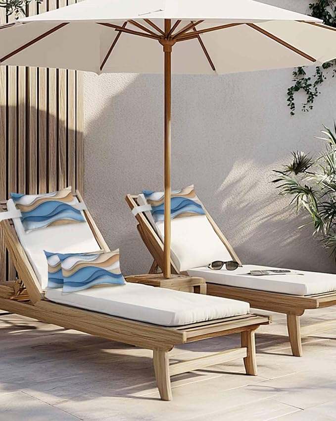 Ombre Blue Cream Outdoor Pillows for Chaise Lounge Chair, Modern Geometric Waterproof Lumbar Head Support Pillow with Adjustable Elastic Band for Pool Patio Furniture Decorative