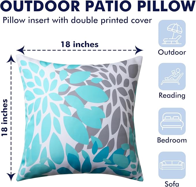 18x18 Waterproof Outdoor Pillows, Set of 2 Outdoor Throw Pillows | Patio Furniture Pillows, Fluffy Decorative Pillows, Waterproof &Fade Resistant, Removable & Washable, Blue Color