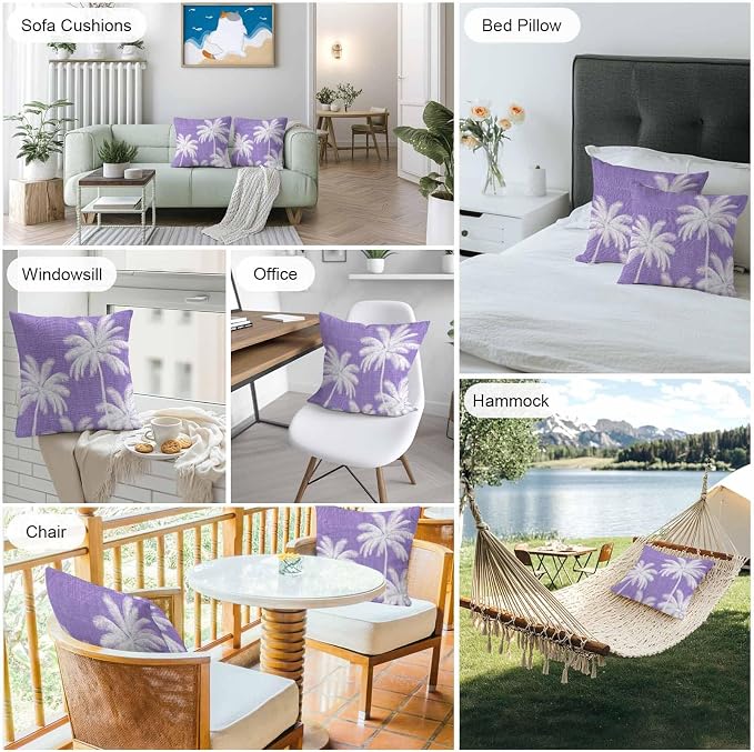Outdoor Pillow Covers 18x18 Inch Set of 2, Purple Palm Trees Waterproof Throw Pillow Covers, Farmhouse Tropical Summer Beach Decorative Cushion Pillowcases for Couch, Sofa, Bed, Garden, Patio