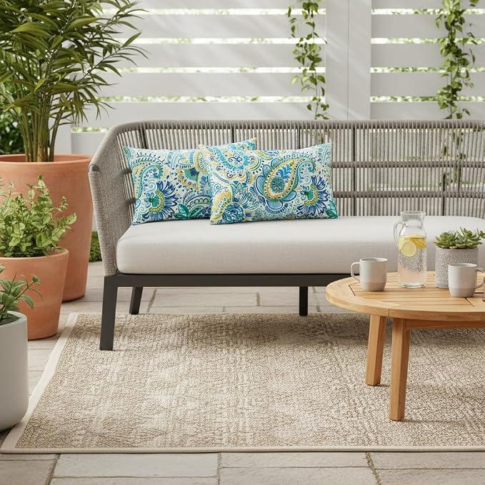 Set of 2 Outdoor Throw Pillows 19 x 12 Inch – Reversible Rectangle Patio Accent Pillows – Weather-Resistant Polyester Fabric – Eco-Friendly Recycled Polyfiber Fill – Baltic Paisley