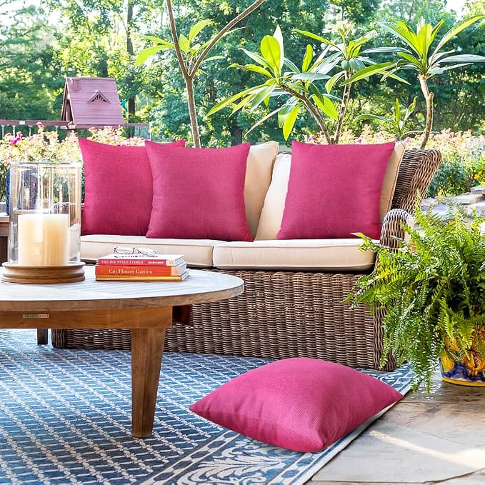 OTOSTAR Set of 4 Outdoor Pillow Covers 18x18 Inch Waterproof Decorative Throw Pillow Covers Square Pillowcases Patio Cushion Case Pillow for Couch Tent Sofa Balcony Bed Outside Decor (Hot Pink)