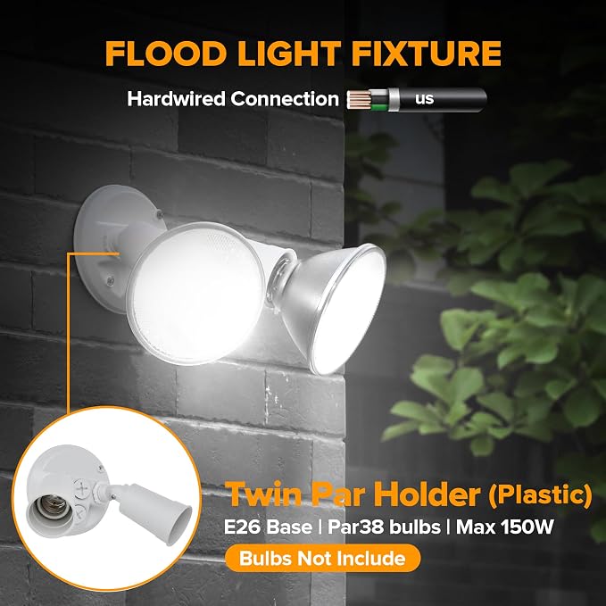 LUTEC 6 Pack Adjustable Twin Par Holder Outdoor Flood Lights, Switch Controlled Security Lights, Floodlights Fixture, Waterproof Exterior Max 300 Watt Par38 Flood Light for Garage, Yard, Porch-White