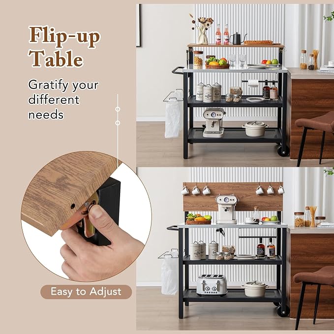Giantex Outdoor Grill Cart, Pizza Oven Stand with Flip up Bar Table, 4-Shelf Food Prep Cooking Station with Hooks, Trash Bag Holder, Paper Towel Holder, Heavy Duty Movable Dining Table with Wheels