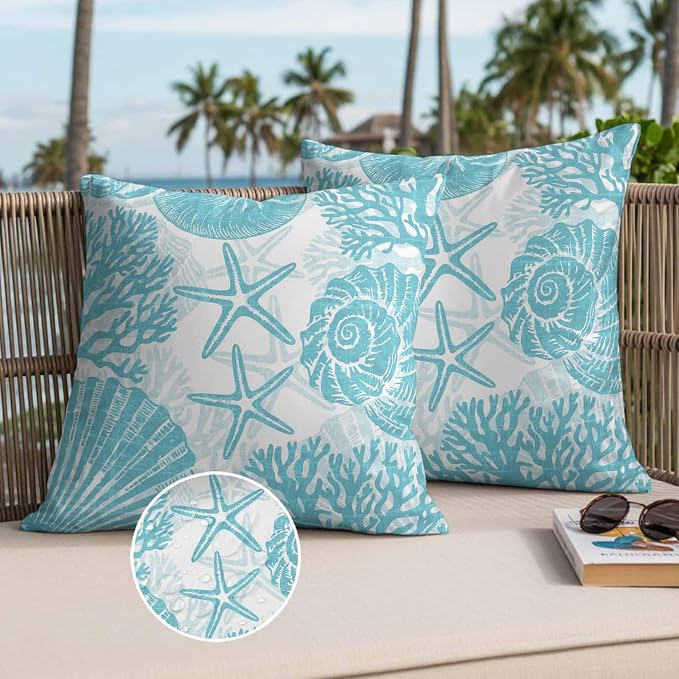Outdoor Pillow Covers 18x18 Inch Set of 2, Aqua Coastal Waterproof Throw Pillow Covers, Beach Starfish Nautical Coral Shell Summer Decorative Cushion Pillowcases for Couch, Sofa, Bed, Garden, Patio