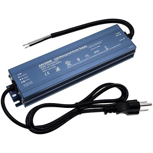 24V 200W UL Listed LED Power Supply with 3.28ft US Standard Plug Wire | Waterproof IP67 Low Voltage Transformer, 100V-130V AC to 24V DC Converter for DC24V LED Lighting Products