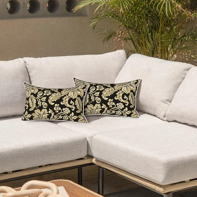 LVTXIII 2 Pack Outdoor Lumbar Pillows 12x20 Inch with White Piping, Fade Resistant Support Throw Pillows with Inserts for Patio Furniture, Sofa, Chair, Jacobean Black