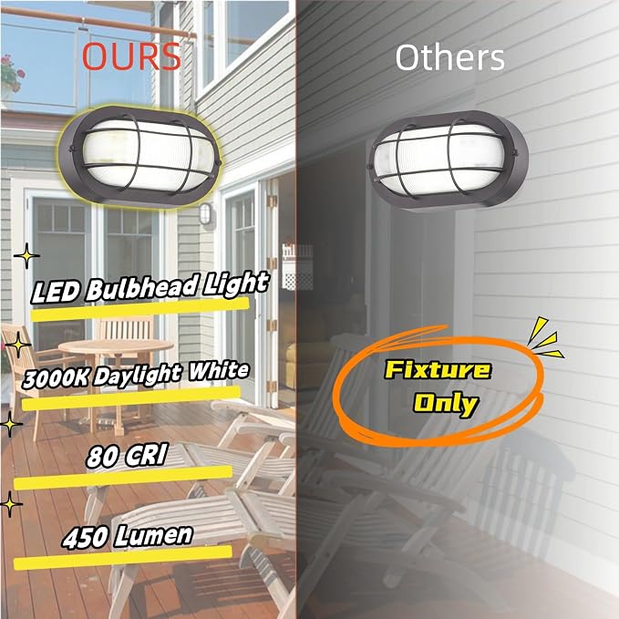 WISBEAM LED Bulkhead Light, Outdoor LED Wall Light for House, Dimmable, 6W Replace 60W, 450 Lumen 3000K Daylight White 80CRI, Waterproof, ETL Rated