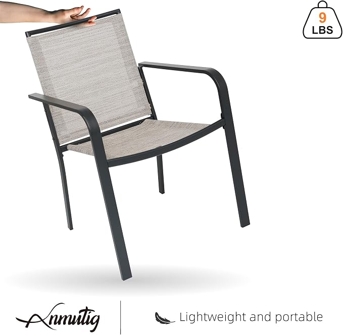 5 Piece Outdoor Dining Set with 37" Square Glass Table and BeigeGrey Chairs | 4 Piece Stackable Chairs Textilene Seat and Back, Table & Chair with Metal Frame, Square Glass Table Top, 1.7" Umbrella Hole