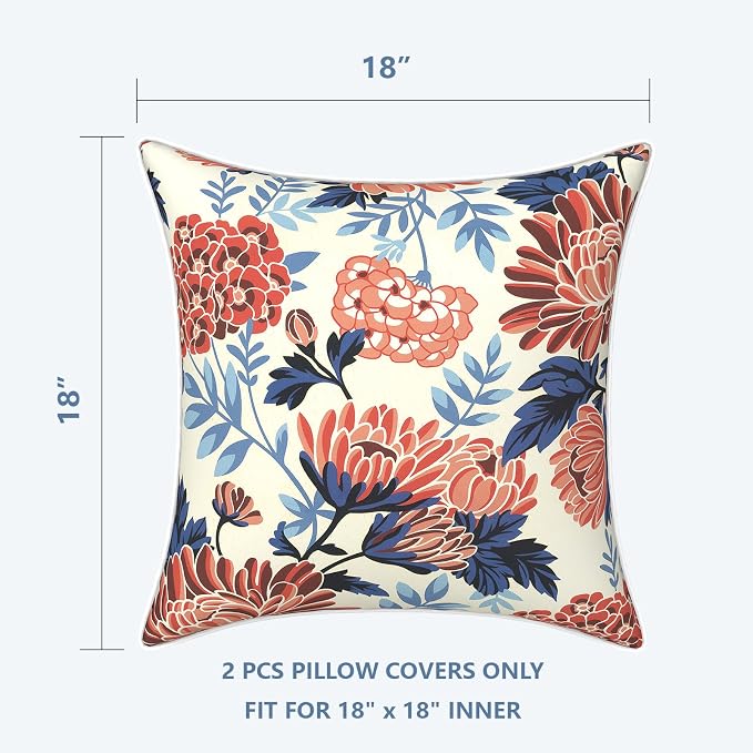 LVTXIII Outdoor Throw Pillow Covers Set of 2, Patio Waterproof Pillow Cases Fade Resistant Accent Pillow Covers for Home and Garden Furniture Decoration, 18"x18", Red Chrysanthemum