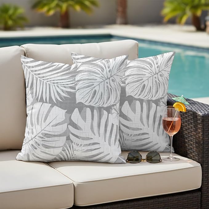 Light Grey Palm Leaves Outdoor Pillow Covers 18"x18" Set of 2, Tropical Botanical Modern Minimalist Waterproof Throw Pillow Covers for Patio Furniture, Decorative Cushion Covers for Porch