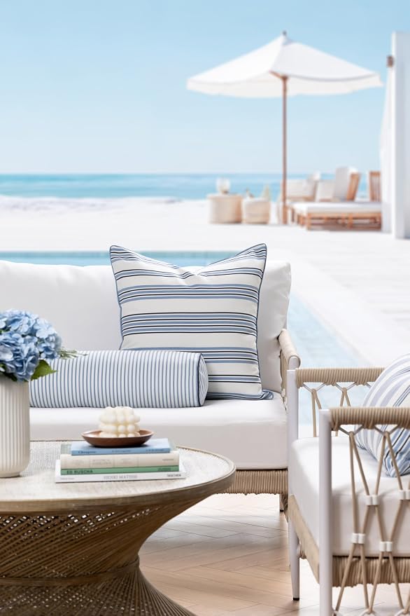 Hofdeco Premium Coastal Hampton Outdoor Performance Throw Pillow Cover Only, 20"x20" Water Repellent, UV and Fade Resistant for Backyard, Couch, Poolside, Azure Blue Indigo Woven Bayside Stripes