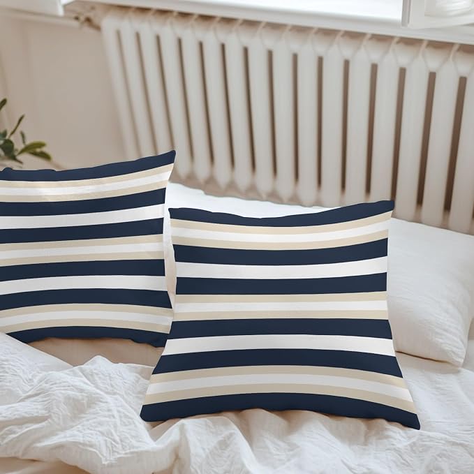 Khaki Navy Blue Striped Outdoor Pillow Covers Waterproof, All Weather Cushion Case Set of 2, Farmhouse Abstract Lines Art Decorative Pillowcases for Sofa Couch Bed Decor Patio Furniture 18"x18"