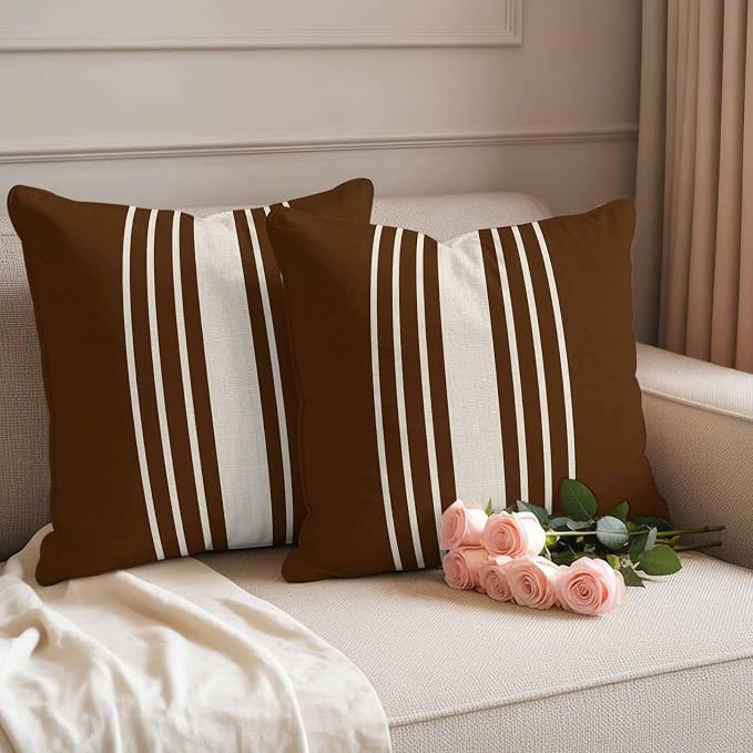 Throw Pillow Covers 18x18 Inch Set of 2, Brown Beige Striped Waterproof Outdoor Cushion Covers, Modern Farmhouse Retro Lines Decorative Pillowcases for Couch, Sofa, Bed, Garden, Patio