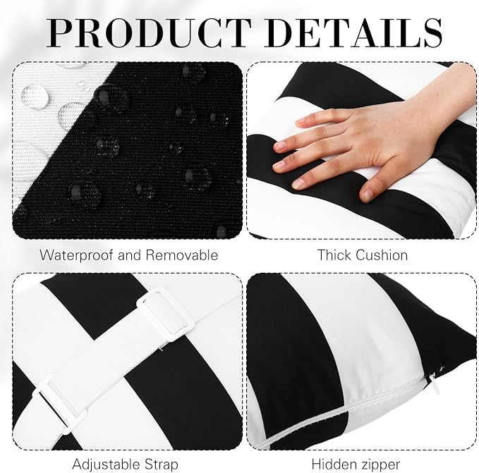 Lineshading 4 Pcs Chaise Lounge Pillow with Strap Outdoor Waterproof Pool Chair Neck Headrest Pillows with Adjustable Elastic Band for Beach Patio Chair Recliner(White and Black,Stripe)