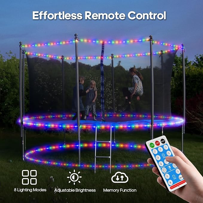 ICRGB Trampoline Lights, 66FT 200LED 1800mAh Solar Rope Lights Outdoor, IP67 Waterproof, Solar Power Outdoor Light, 8 Modes & Timer Function, Decorative for Trampoline Camping Tent Patio Porch Garden | Type C & Solar, With Remote Waterproof, 8 Modes, T...