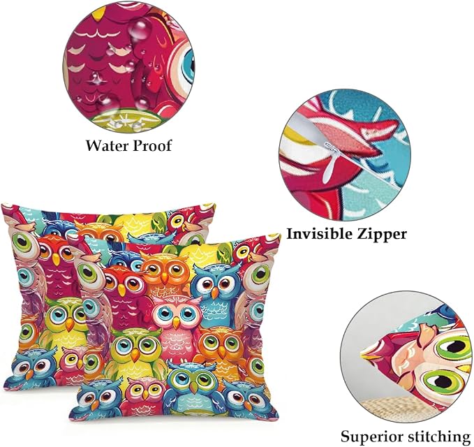 22x22 Inch Outdoor Pillow Covers Set of 2 Waterproof Throw Pillow Covers Decorative Couch Cushion Covers Colorful Cute Owl Square Pillowcases Protectors for Patio Garden Sofa