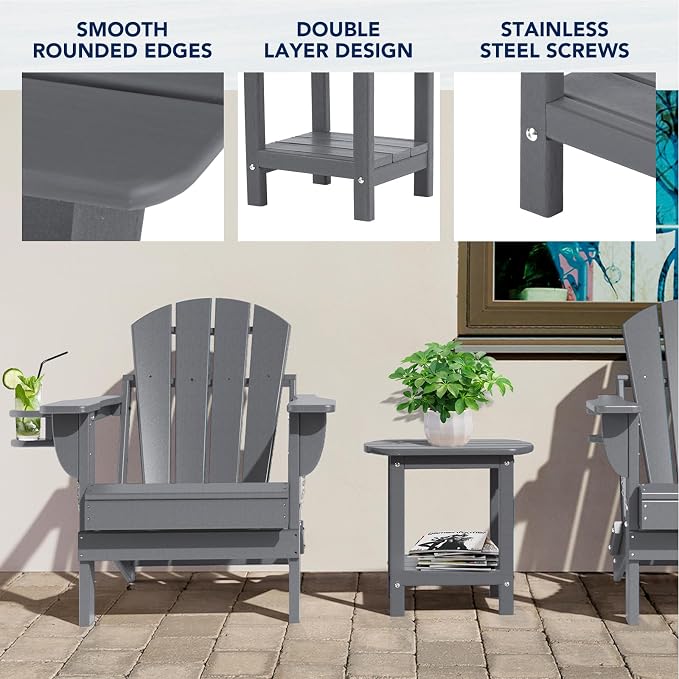 nalone Adirondack Side Table 16.5" Outdoor Side Table HDPE Plastic Double Adirondack End Table Small Table for Patio(Grey)