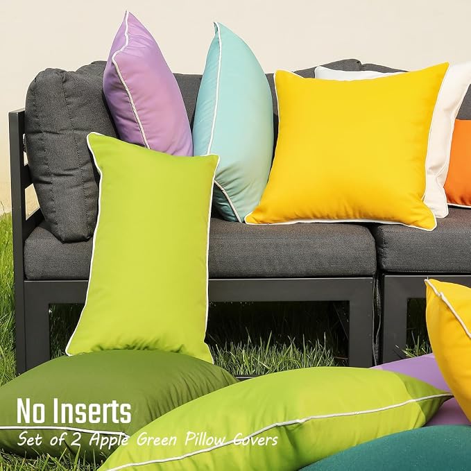JOJOGOGO Green Outdoor Lumbar Pillow Covers 12x20 Waterproof Set of 2, Apple Green Spring Outdoor Pillows Cushion Covers 12 x 20, Decorative Pillows for Porch Patio Furniture (with White Piping)