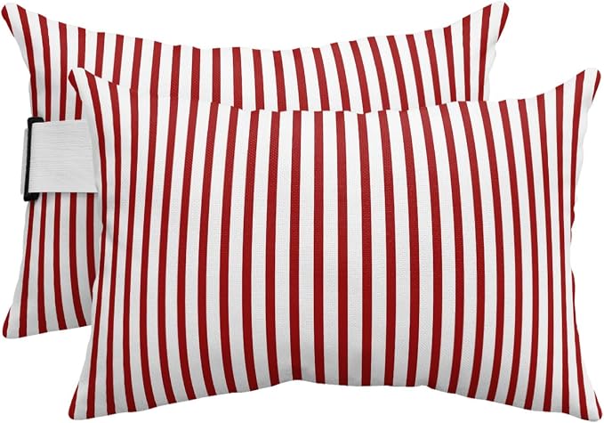 Pack of 2 Outdoor Lumbar Pillow Covers 11x16 Inch, Thin Red Striped Waterproof Throw Pillow Covers Set, Farmhouse Modern Red Stripes Indoor&Outdoor Decorative Cushion Cases for Patio Porch Car