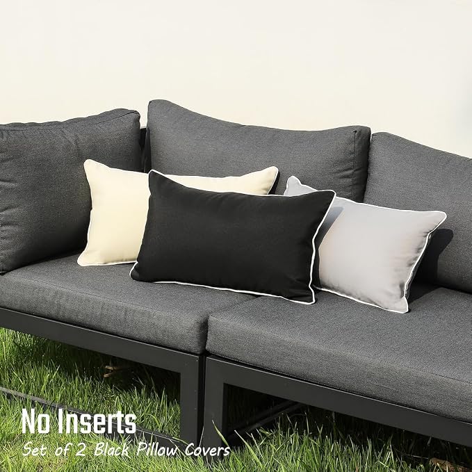 JOJOGOGO Black Outdoor Waterproof Sun Fade Resistant Lumbar Pillow Covers 12x20 Set of 2, Decorative Outdoor Pillows Cushion Covers 12 x 20 for Front Porch Patio Furniture (with White Piping)