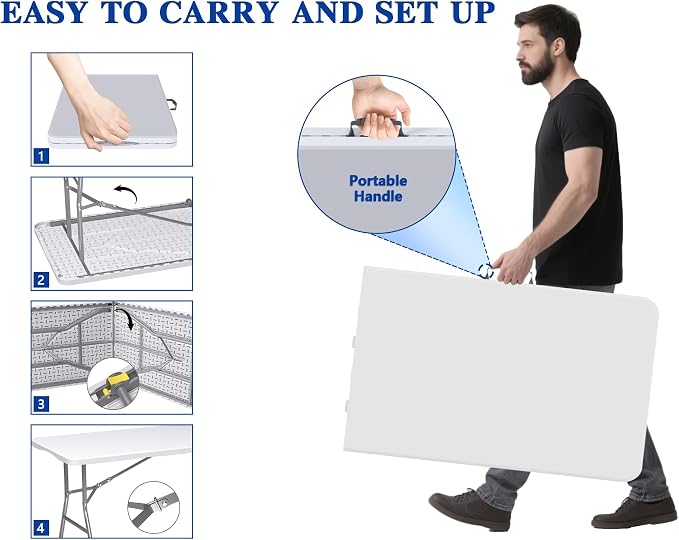 8FT Folding Tables – Heavy Duty Portable Foldable Picnic Table with Built-in Handle, 450 lb Capacity – Ideal for Events, Parties, Crafts, Camping & Dining (4-Pack, White)