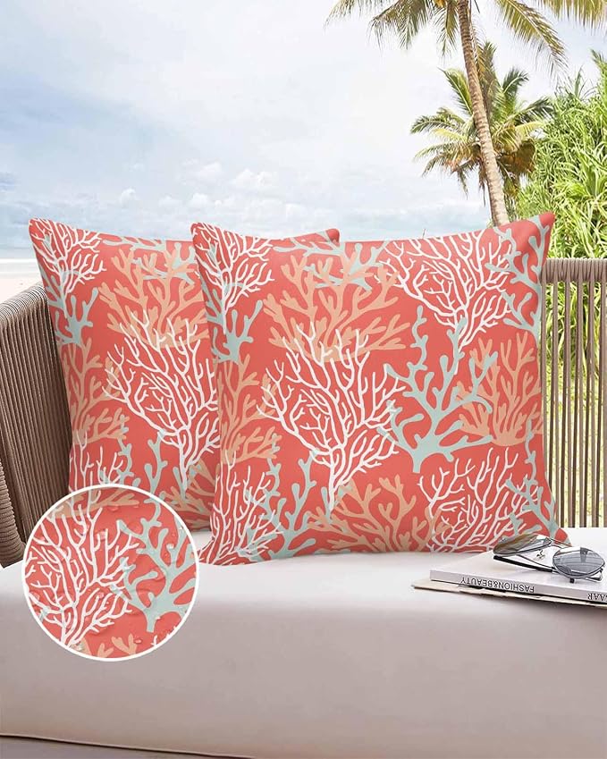 Pack of 2 Outdoor Pillow Covers 16x16 Waterproof Orange Ocean Coral Throw Pillow Covers, Decorative Pillowcases Nautical Coastal Summer Beach Cushion Covers for Patio Garden Couch Pillow Case