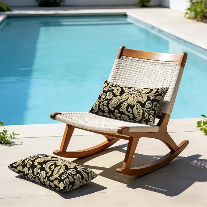 Outdoor Lumbar Pillows with Insert 12x20 Inch, Waterproof Throw Pillow for Patio Furniture, Decorative Lumbar Cushions for Garden Home Sofa Office Chair, Set of 2, Jacobean Black