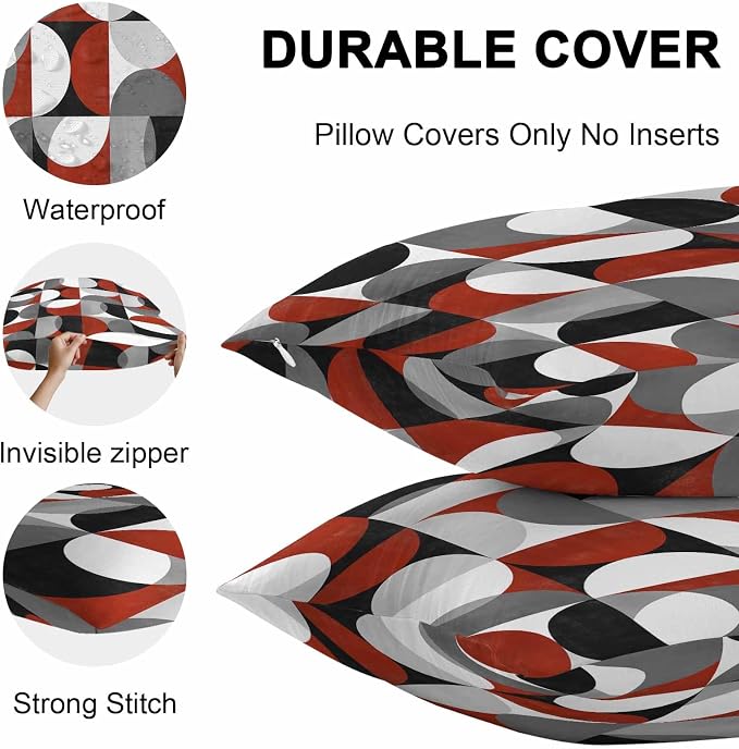 Vandarllin Outdoor Throw Pillows Covers 20x12 inch Set of 2 Waterproof Mid Century Geometric Decorative Zippered Cushion Covers for Patio Furniture, Abstract Modern Red Lumbar Pillowcases