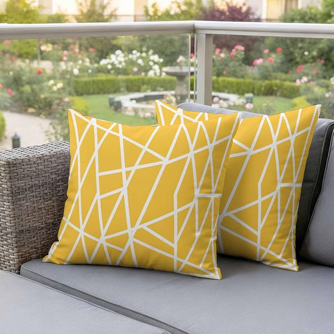 Outdoor Pillow Covers Waterproof, Yellow Geometric Decorative Square Throw Pillowcases Patio Cushion Covers for Tent/Garden, 24" x 24" 2 Pack, Abstract Stripes Modern Minimalist
