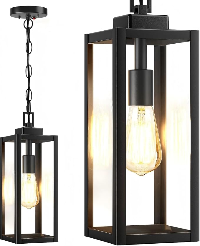 15'' Large Motion Sensor Outdoor Pendant Lights, With Dusk to Dawn Sensor | Modern Outside Chandelier Outdoor Hanging Lantern with Clear Glass, Exterior Pendant Lighting Fixture for Porch, Black, 1Pack
