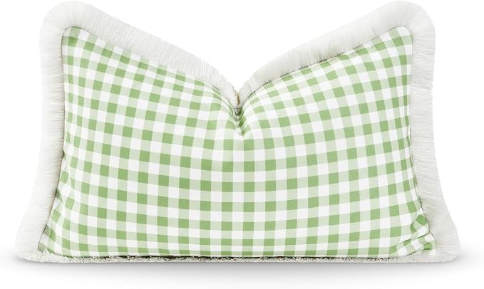 Hofdeco Premium Coastal Patio Indoor Outdoor Lumbar Pillow Cover Only, 12"x20" Water Resistant for Backyard, Couch, Green Gingham Fringe