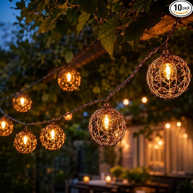 LED Outdoor Patio Lights, Beaded Copper Wire Ball Style Lantern Lights | 10 LED Wire Ball Light, 8.5FT Connectable Boho Lantern String Lights for Yard Garden Bistro Campings Porch Party Backyard