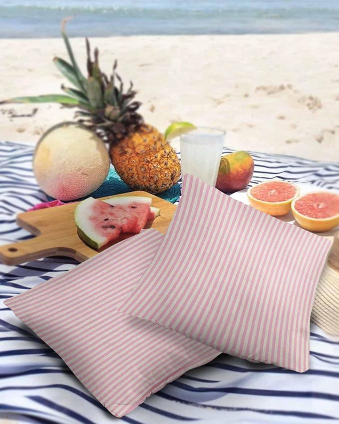 Outdoor Waterproof Throw Pillow Covers Set of 2 Pink Stripes Pillowcases 16x16 Inches Linen Classic Vertical Striped Patio Decorative Pillows Cushion Case Patio Pillows for Couch Bed Chair Garden