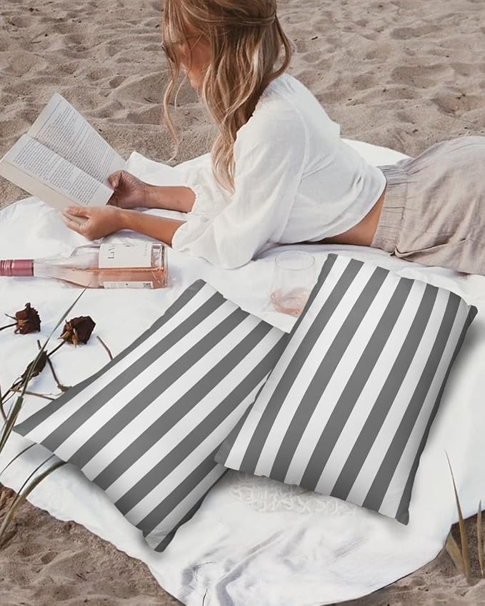 Lumbar Throw Pillow Covers 12x20 Outdoor Waterproof Pillow Covers for Patio Furniture Grey White Stripes Decorative Throw Pillow Cover Striped Pillowcases Set of 2 Cushion Case for Sofa Couch Chair