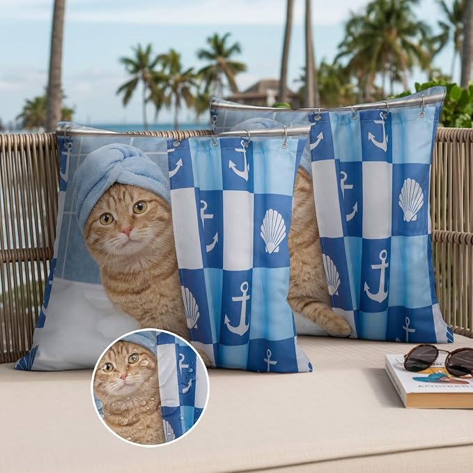 Bathing Cat Waterproof Outdoor Pillow Covers Set of 2 Home Decor, Funny Animal Showering Pillowcase Patio Pillow Covers for Couch Bench Patio Furniture Garden 24x24in