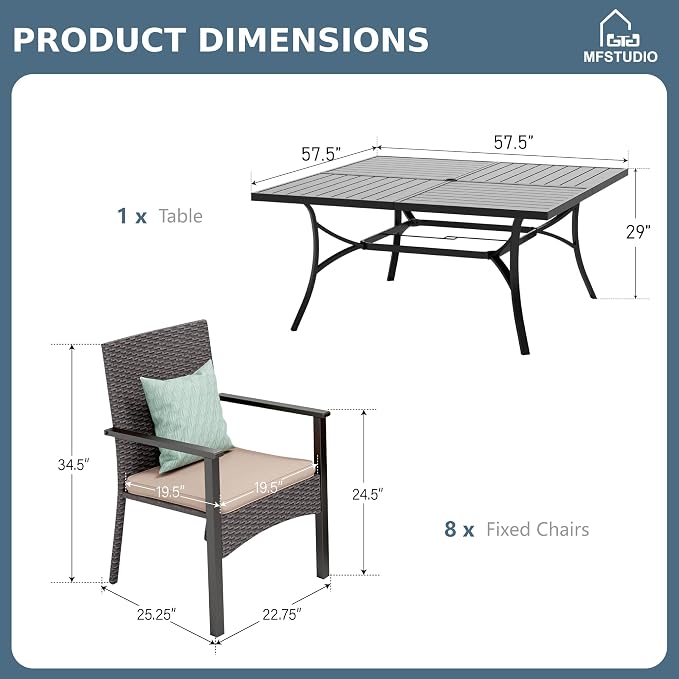MFSTUDIO 9 Piece Outdoor Dining Set for 8, Square Metal Dining Table & Cushioned Rattan Chairs, Patio Metal Dining Furiture Set for Patio, Deck, Yard